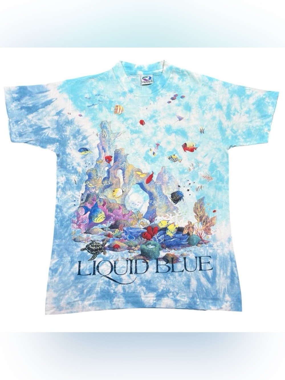 Vintage 1992 Liquid Blue Coral Reef Aquatic Sea Life Ocean Nature Tie Dye Shirt
